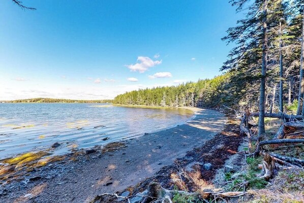 A beach with a clear sky, calm water, and a forested area. - Open and spacious riverfront retreat, dog-friendly (St. George)