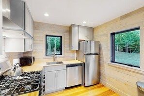 Fridge, microwave, oven, stovetop - Contemporary home with woodstove, firepit, 2 kitchens & fast WiFi- walk to beach (Lamoine)