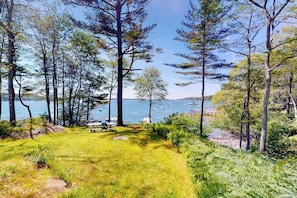 A grassy area with a bench and a picnic table, surrounded by tall trees and a body of water. - Sunny coastal retreat with deck, grill, beach, dock, & ocean access (East Boothbay)