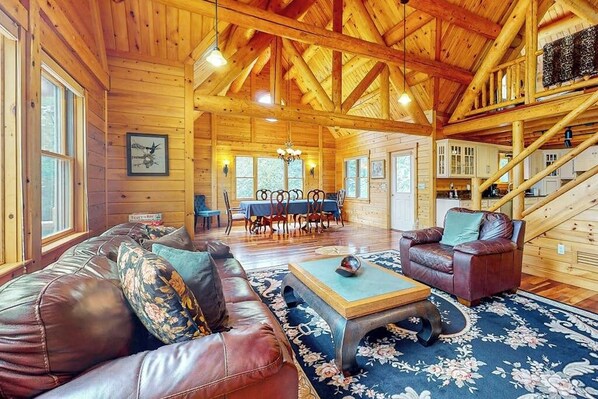 TV, fireplace - Tranquil Haven | Secluded waterfront house with sauna, dock, kayaks, canoe, gym (Greenville)