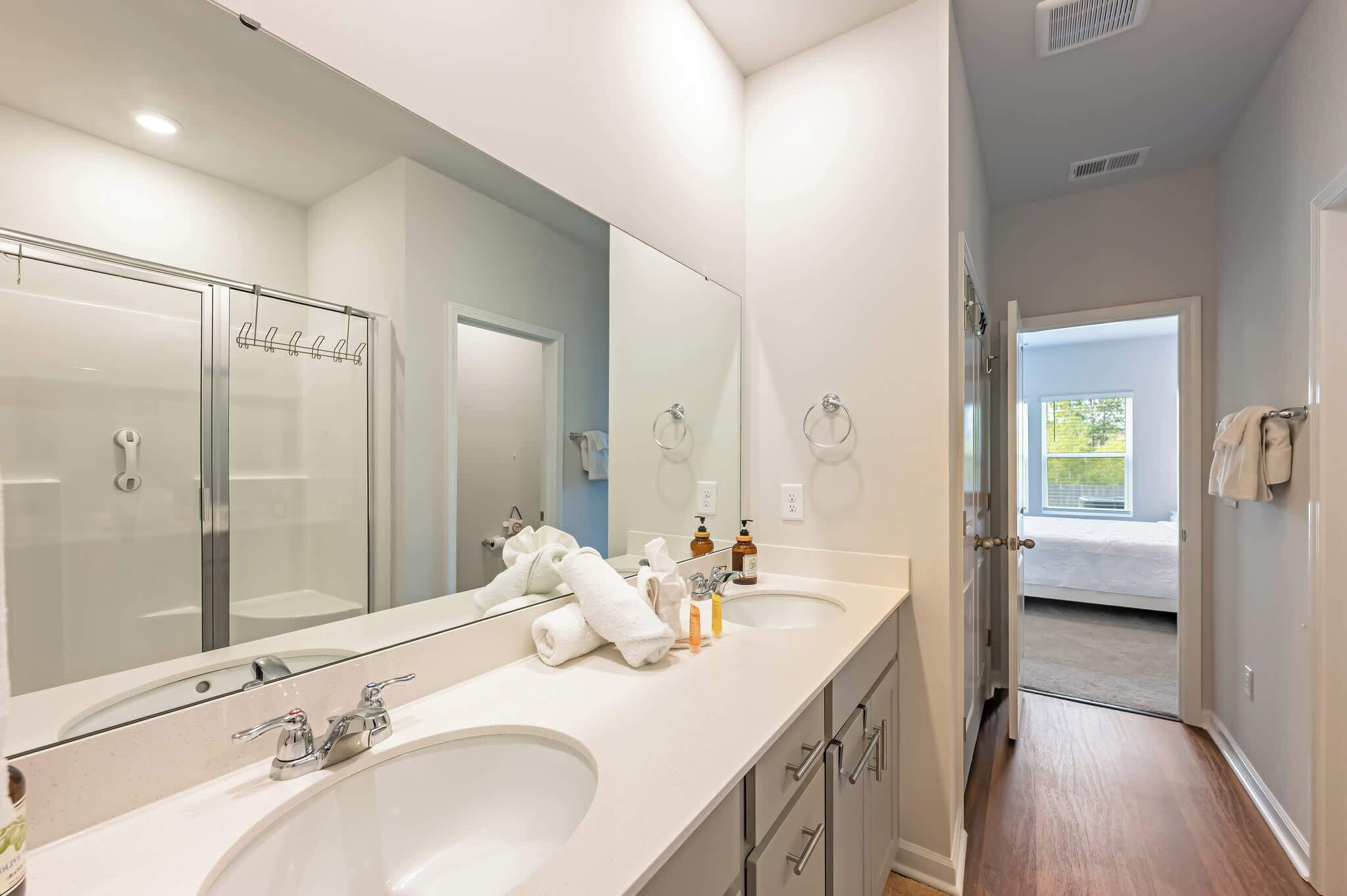 Shower, hair dryer, shampoo