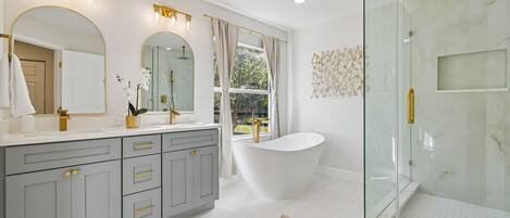 Shower, towels, soap, toilet paper