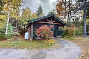 A cabin with a green roof, a porch, and a small garden. - Idyllic dog-friendly studio cabin with AC, fireplace & WiFi (Northport)