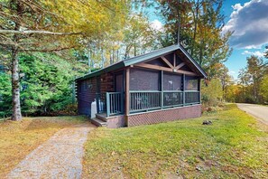 A cabin with a porch, surrounded by trees. - Dog-friendly nature lovers retreat with fireplace, WiFi, AC & playground (Northport)