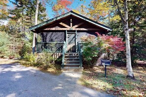 A wooden cabin with a porch and steps leading up to it, surrounded by trees and a mailbox. - Escape to a dog-friendly cabin w/streaming, kitchen, fireplace & nature nearby (Northport)