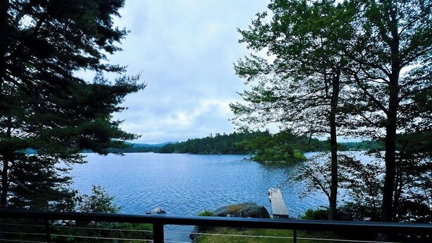 A lake with a dock, surrounded by trees and a railing.