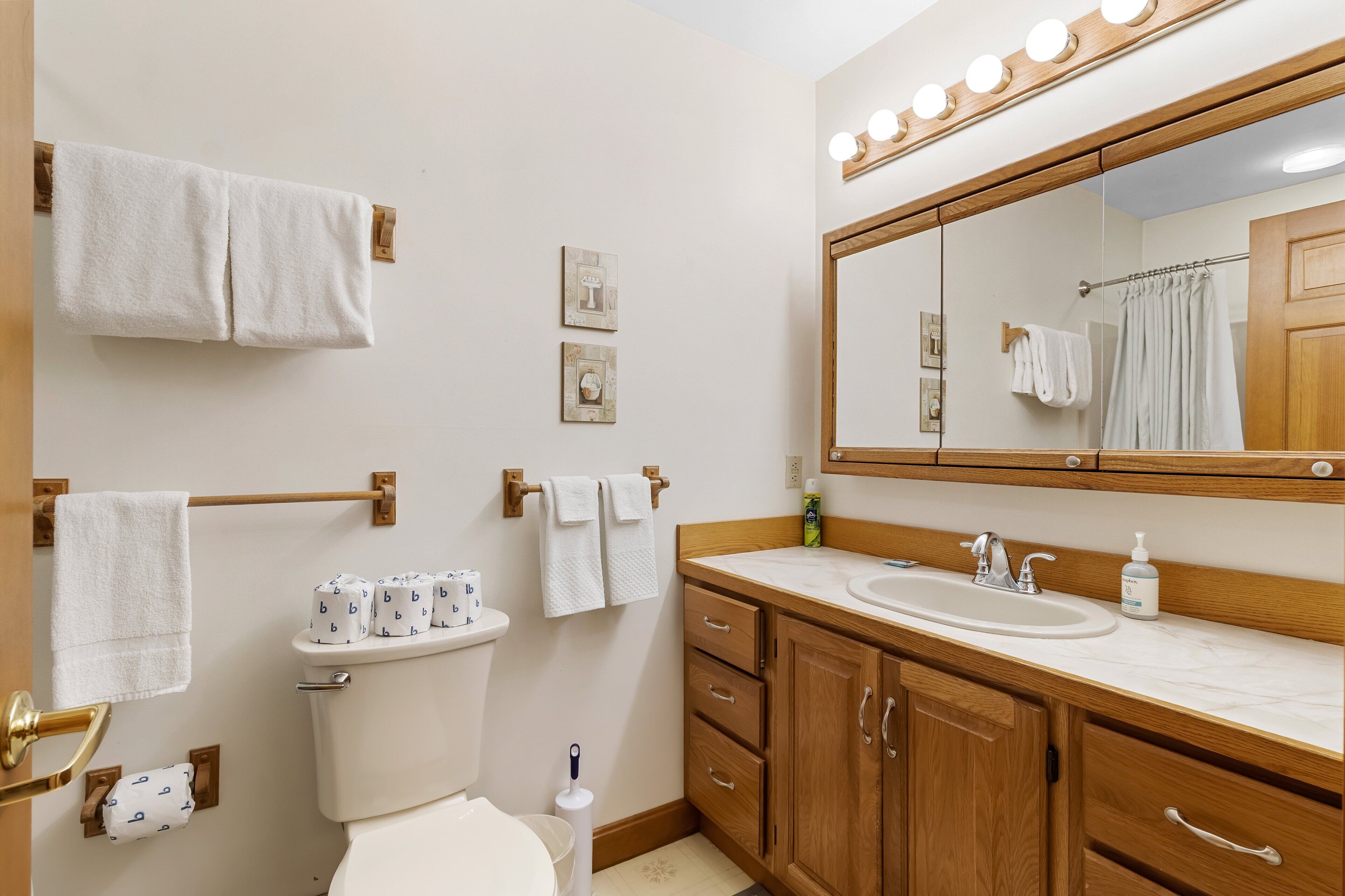 Une salle de bain avec des toilettes, un lavabo, des meubles en bois, un miroir avec éclairage et des serviettes accrochées au mur.