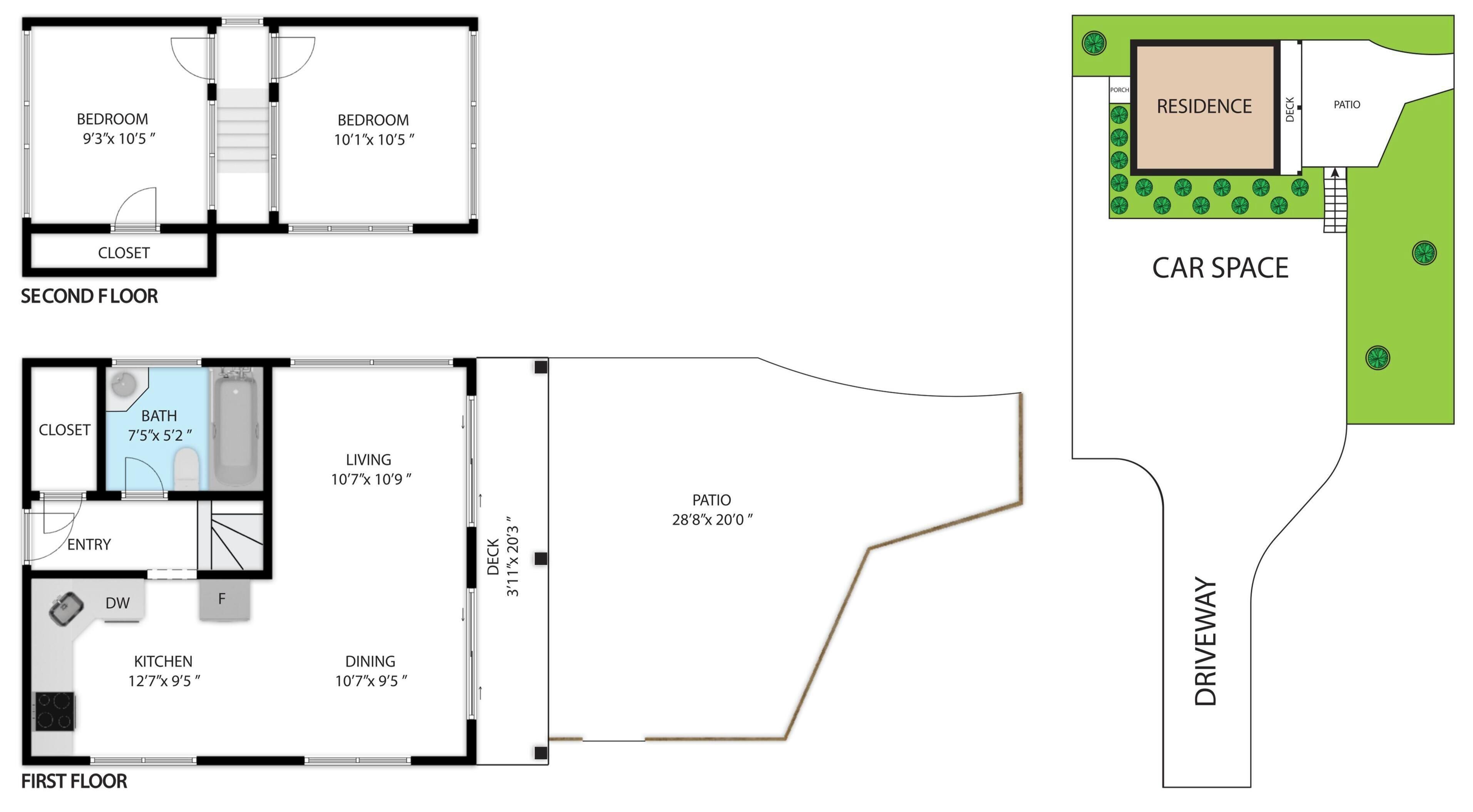 A two-story house layout with bedrooms, a living room, a dining area, a kitchen, a bathroom, and a patio.