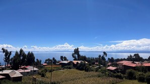 Ein Küstendorf mit Häusern, Bäumen und Blick aufs Meer.