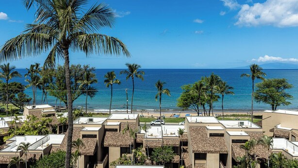 Un hotel costero con edificios de varios pisos, vista a la playa y palmeras.