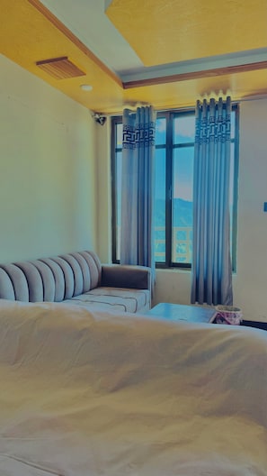 A hotel room with a bed, a sofa, a window with curtains, and a view of the outdoors.