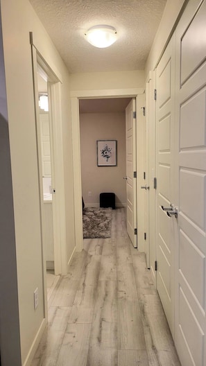 A hallway with white doors, a framed picture on the wall, and a fluffy rug on the floor.