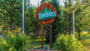 Une enseigne portant le mot « Timbers », entourée d’un jardin où poussent diverses plantes et fleurs.