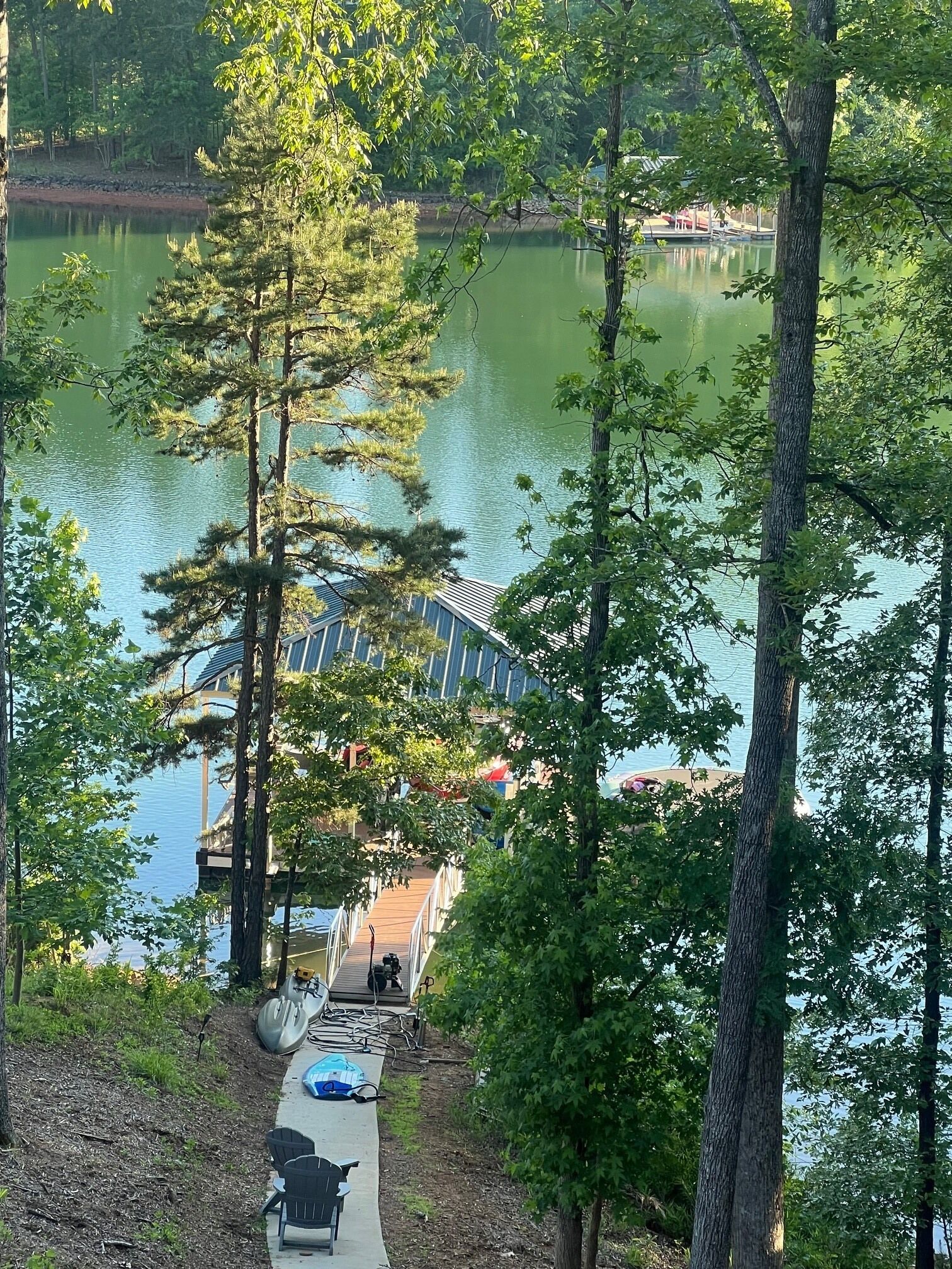 A lakeside view with a dock, trees, and a building with solar panels.