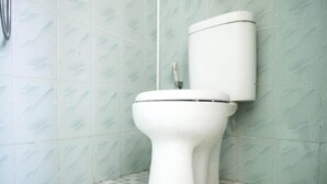 A toilet with a tank and a bidet attachment in a bathroom with patterned tiles. - Lotus Inn (Pekanbaru)