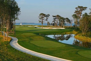 Ein Golfplatz mit Wasserspiel, Bäumen und einer weiten Aussicht auf den Ozean.