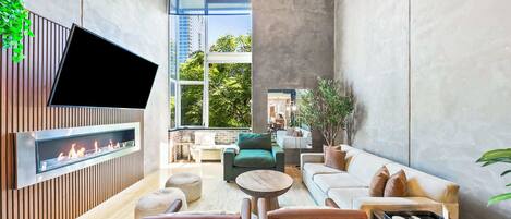 TV, fireplace, offices