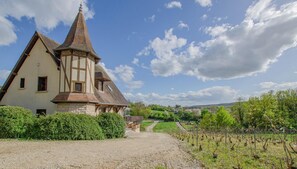 A traditional building with a steep roof, a small tower, and a gravel driveway leading to a vineyard. - La Teyssière - BAR SUR SEINE (BAR SUR SEINE)