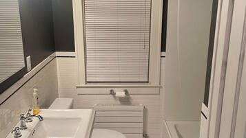 Hair dryer, towels, soap, toilet paper