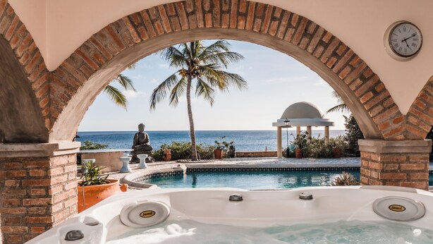A hot tub area with a view of the ocean and palm trees. - Oceanfront Villa w/ Private pool, private oceanfront access & sunset views (Kralendijk)
