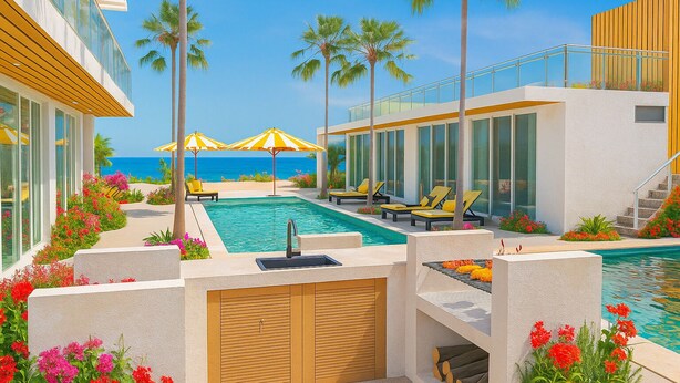 Ein Poolbereich mit Liegestühlen, einem Pool und Blick aufs Meer.