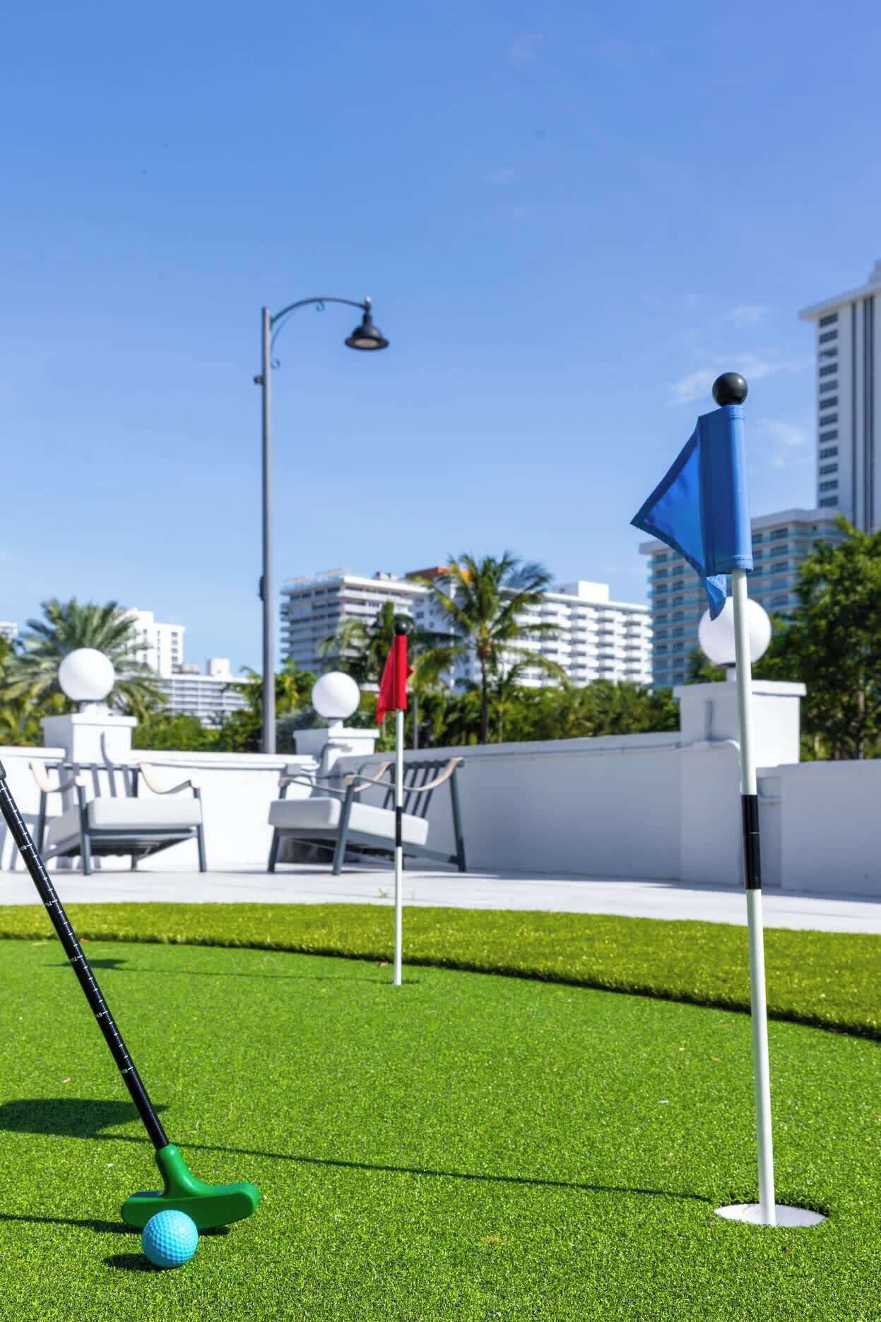 A golf course with a flag, a golf club, and a golf ball on the green.