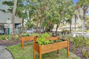 Ein Gartenbereich mit Holzkästen, einem Empfangsschild und einem Gebäude im Hintergrund.