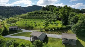 Un quartiere residenziale con tre case, un vialetto sinuoso e un paesaggio verdeggiante.