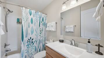 Shower, hair dryer, towels, shampoo