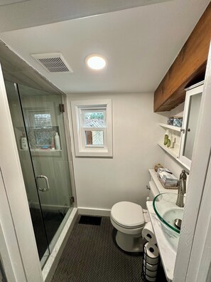 Shower, towels, soap, toilet paper