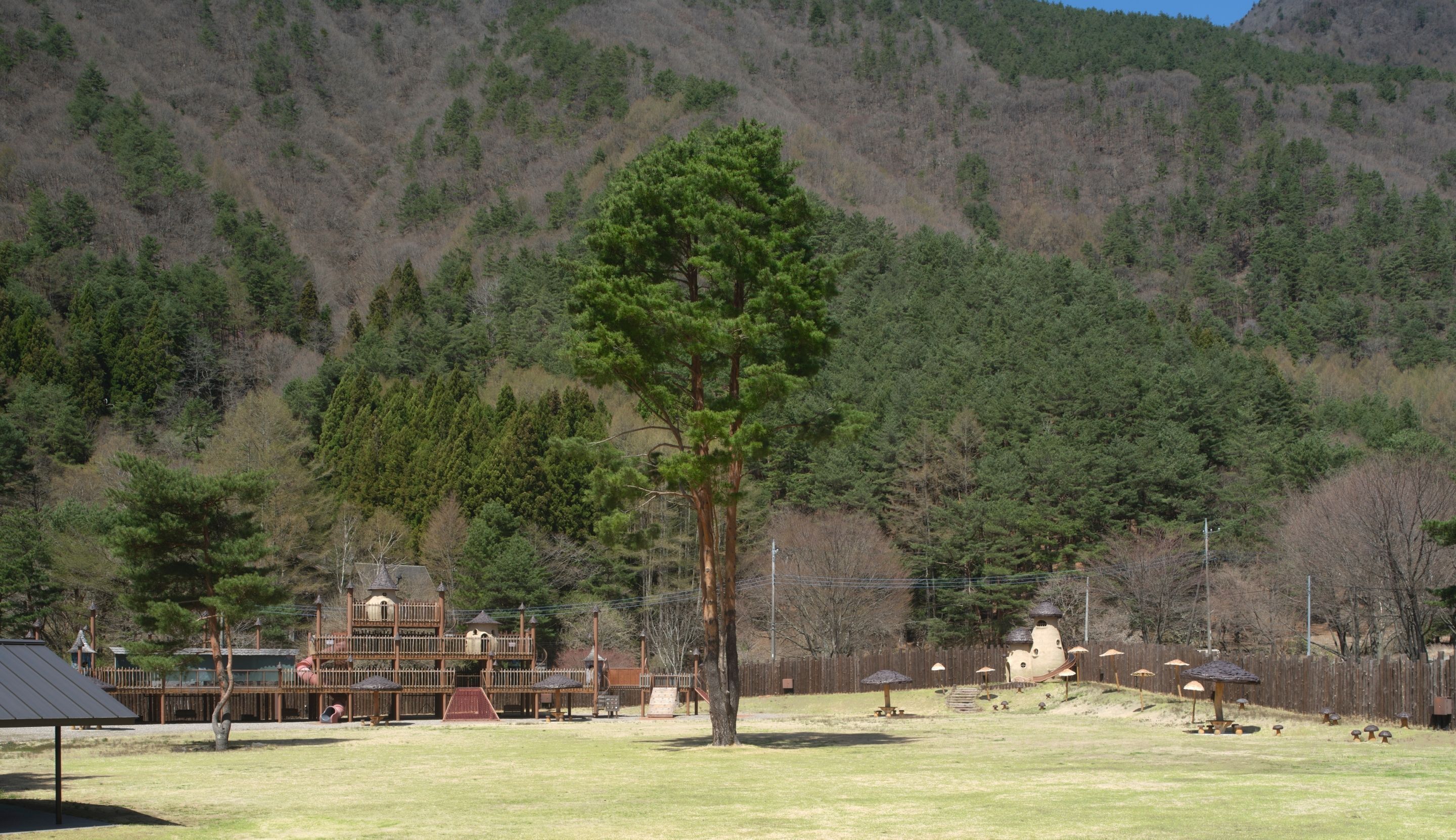 A playground with a wooden structure, a large tree, and a hilly landscape in the background.