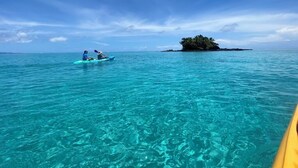 A clear blue sea with a small island in the distance.