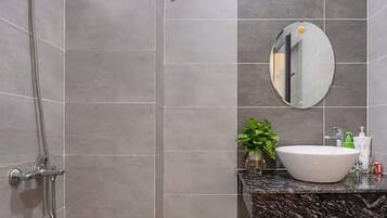 Shower, hair dryer, bidet, towels