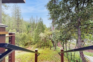A view from a balcony with a railing, overlooking a forested area with trees and a wooden deck.