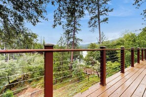 A wooden deck with metal railings overlooking a forested area.