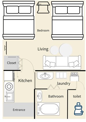 Plano de planta que muestra un dormitorio, sala de estar, cocina, lavandería, baño y aseo.