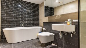 Shower, hair dryer, towels, soap - Olympic Park 2BR/2BA | Skyline View + Parking (Sydney Olympic Park)