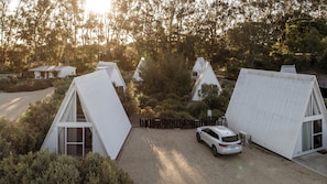 A modern house with a sloped roof, surrounded by trees, and a car parked in front.