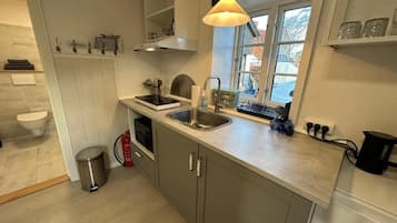 Family Studio, Patio, Courtyard View | Private kitchen | Fridge, microwave, coffee/tea maker, electric kettle