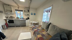 A compact living space with a kitchenette, a dining area, and a sofa.