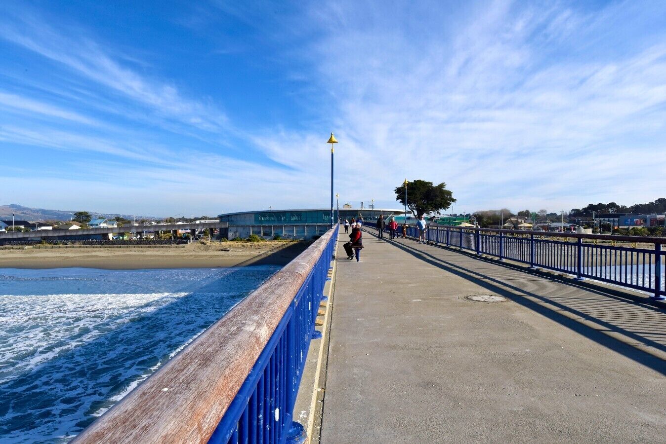 A coastal walkway with a blue railing, a clear sky, and a distant building.