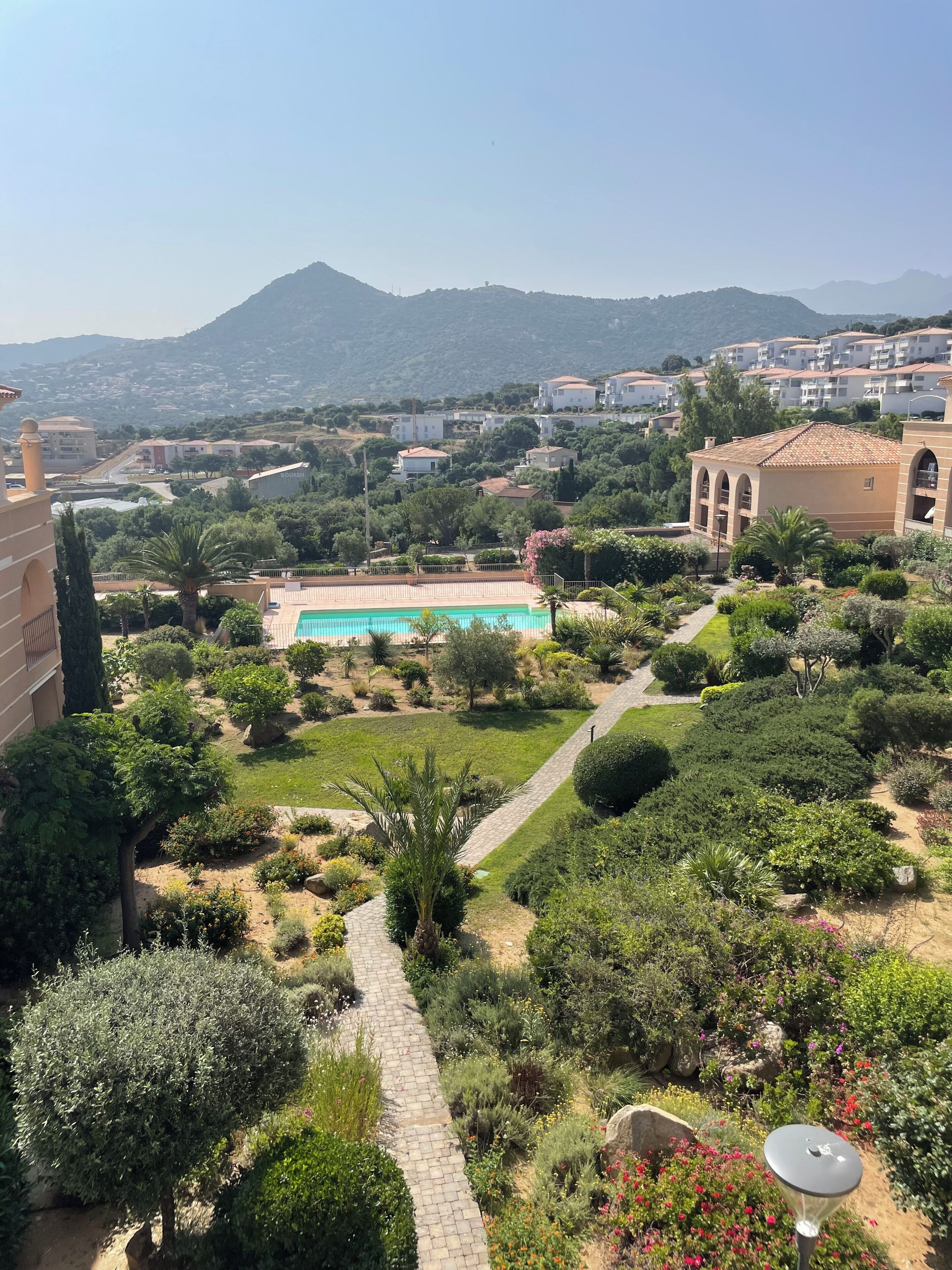 A residential area with a swimming pool, lush gardens, and a view of distant buildings and hills.