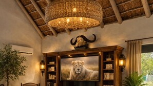 Una sala de estar con sofá de cuero, televisor, candelabro y calavera de animal montada.
