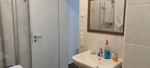 Shower, hair dryer, towels
