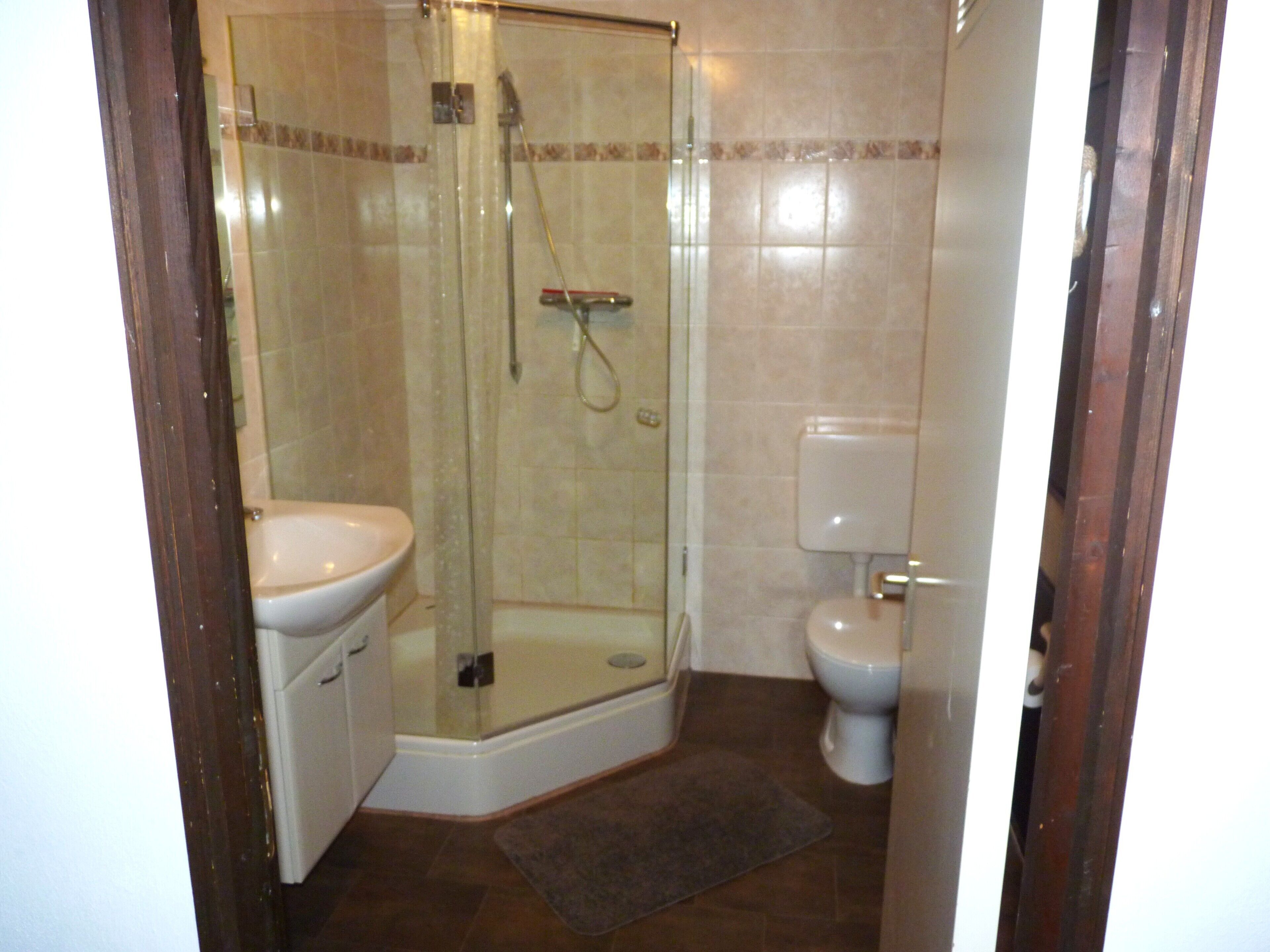 Ein Badezimmer mit Duschkabine, Toilette und Waschbecken.