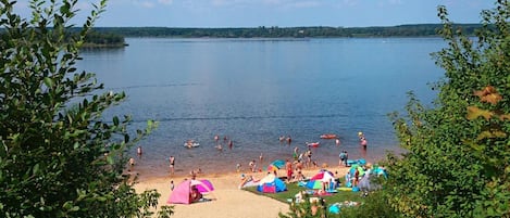 A lakeside beach with people swimming and sunbathing, surrounded by trees.