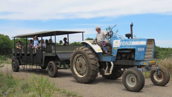 A blue Ford tractor with a trailer carrying passengers.