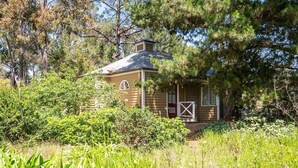 A small, single-story house with a gabled roof, surrounded by dense vegetation and trees. - Chalet Deux at Woodman Estate (Moorooduc)