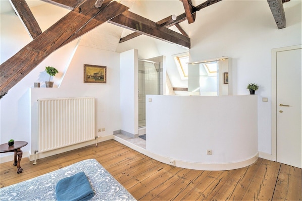 Een kamer met zichtbare houten balken, een witte radiator, een glazen douche, een witte gebogen bank en een kleine tafel met een plantje.