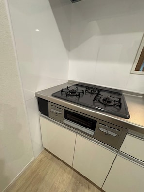 Une cuisine équipée d’une cuisinière à gaz, d’un four et d’un lave-vaisselle encastré.